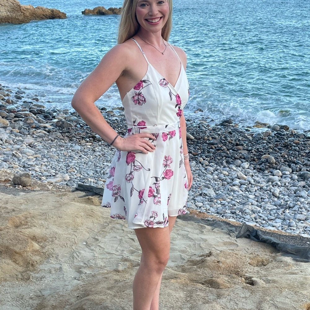 Let Our Love Bloom White Floral Print Surplice Mini Dress